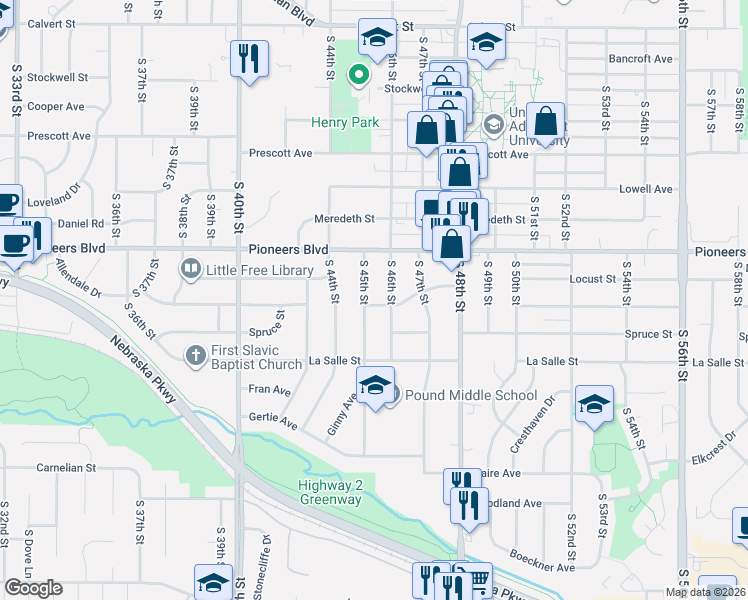 map of restaurants, bars, coffee shops, grocery stores, and more near 4421 South 46th Street in Lincoln