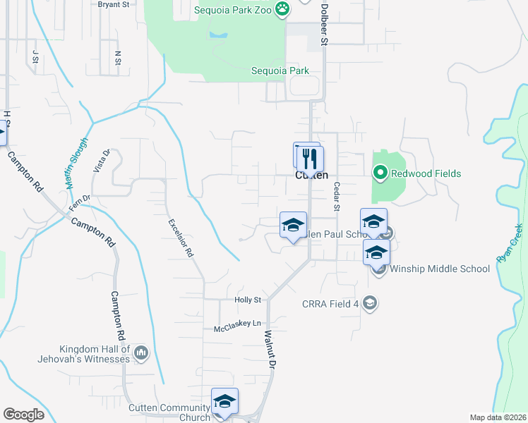 map of restaurants, bars, coffee shops, grocery stores, and more near 4069 V Street in Eureka