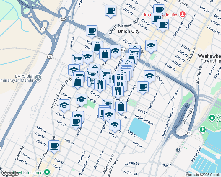 map of restaurants, bars, coffee shops, grocery stores, and more near 24th Street in Union City