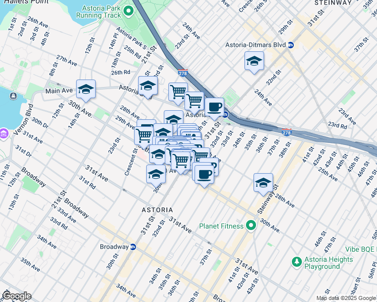 map of restaurants, bars, coffee shops, grocery stores, and more near 29-28 Newtown Avenue in Queens
