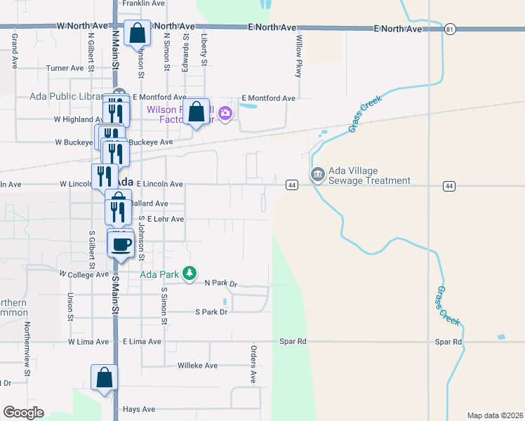 map of restaurants, bars, coffee shops, grocery stores, and more near 569 East Lincoln Avenue in Ada