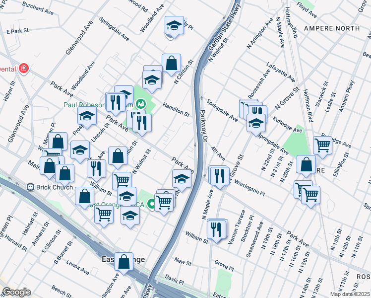 map of restaurants, bars, coffee shops, grocery stores, and more near 225 North Arlington Avenue in East Orange