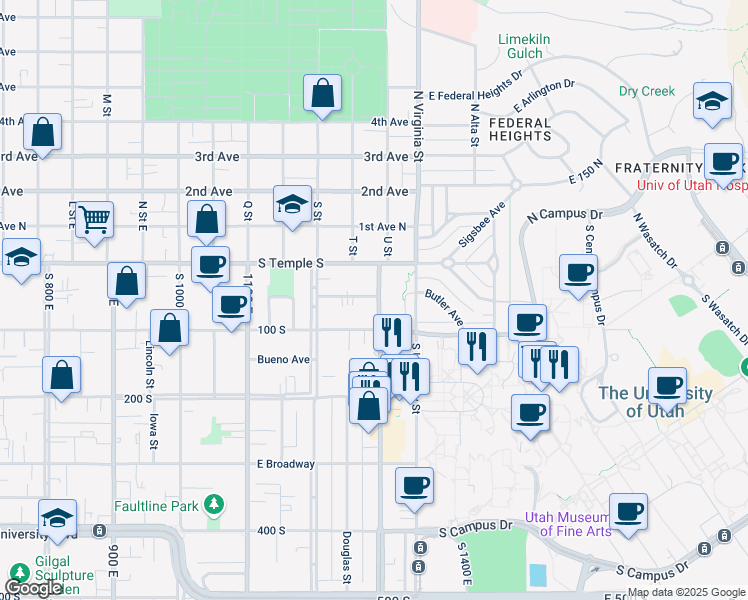 map of restaurants, bars, coffee shops, grocery stores, and more near 48 South 1300 East in Salt Lake City