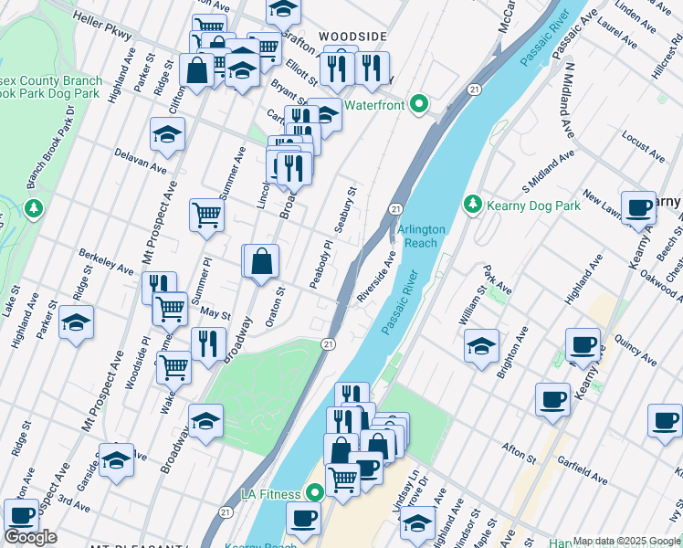 map of restaurants, bars, coffee shops, grocery stores, and more near 27 Triton Terrace in Newark
