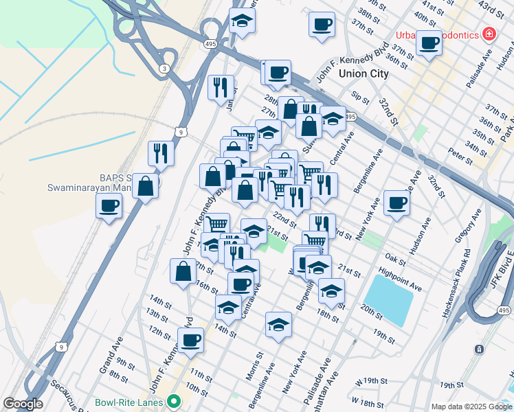 map of restaurants, bars, coffee shops, grocery stores, and more near 809 22nd Street in Union City