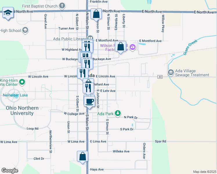 map of restaurants, bars, coffee shops, grocery stores, and more near 305 East Ballard Avenue in Ada