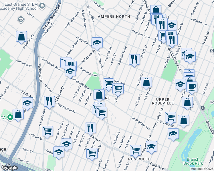 map of restaurants, bars, coffee shops, grocery stores, and more near 23 Hoffman Boulevard in East Orange