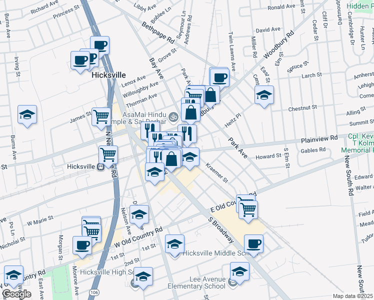 map of restaurants, bars, coffee shops, grocery stores, and more near 58 East Marie Street in Hicksville