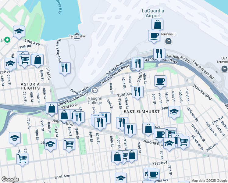 map of restaurants, bars, coffee shops, grocery stores, and more near 90-01 23rd Avenue in Queens