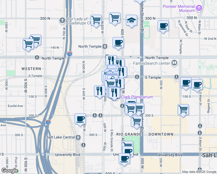 map of restaurants, bars, coffee shops, grocery stores, and more near 5 South 500 West in Salt Lake City