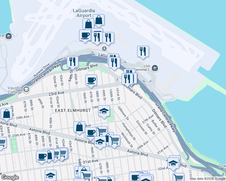 map of restaurants, bars, coffee shops, grocery stores, and more near 99-20 23rd Avenue in Queens