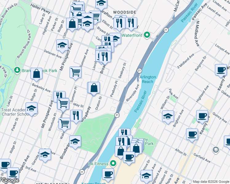 map of restaurants, bars, coffee shops, grocery stores, and more near 85 Oraton Street in Newark