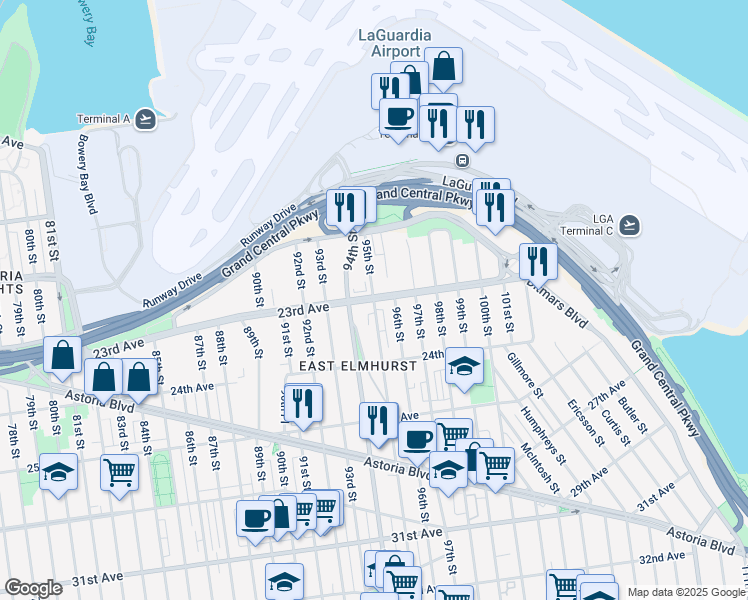 map of restaurants, bars, coffee shops, grocery stores, and more near 31 23rd Avenue in Queens