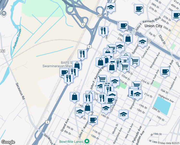 map of restaurants, bars, coffee shops, grocery stores, and more near 1911 Grand Avenue in North Bergen