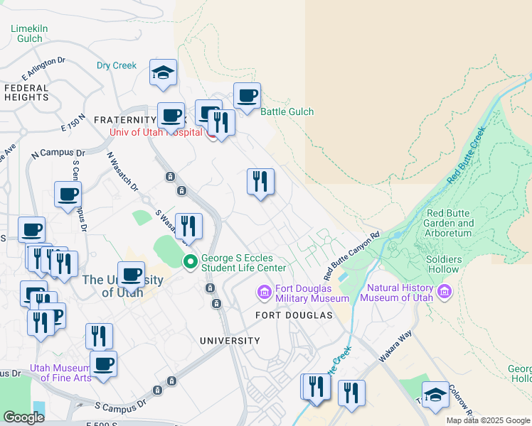 map of restaurants, bars, coffee shops, grocery stores, and more near 25 2000 East in Salt Lake City