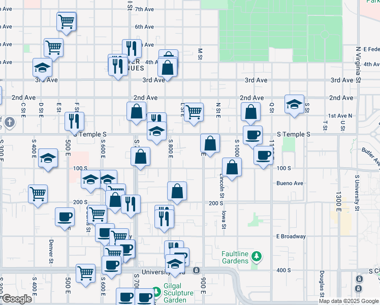 map of restaurants, bars, coffee shops, grocery stores, and more near 777 South Temple in Salt Lake City