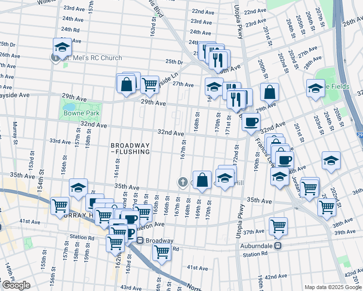 map of restaurants, bars, coffee shops, grocery stores, and more near 32-16 167th Street in Queens