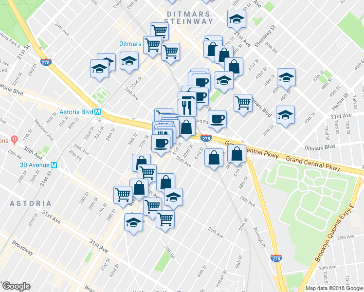 map of restaurants, bars, coffee shops, grocery stores, and more near 41-02 Astoria Boulevard South in Queens
