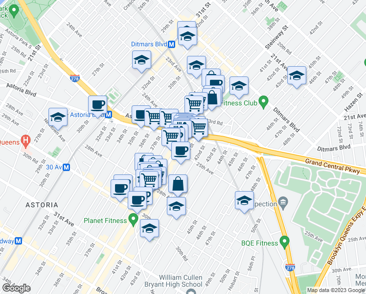map of restaurants, bars, coffee shops, grocery stores, and more near 24-19 Steinway Street in Queens