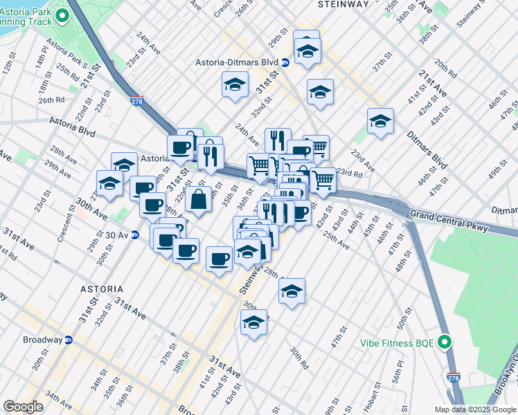 map of restaurants, bars, coffee shops, grocery stores, and more near 25-25 36th Street in Queens