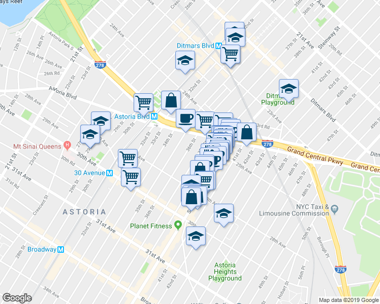 map of restaurants, bars, coffee shops, grocery stores, and more near 25-25 36th Street in Queens