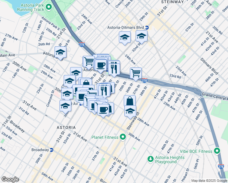 map of restaurants, bars, coffee shops, grocery stores, and more near 25-48 34th Street in Queens