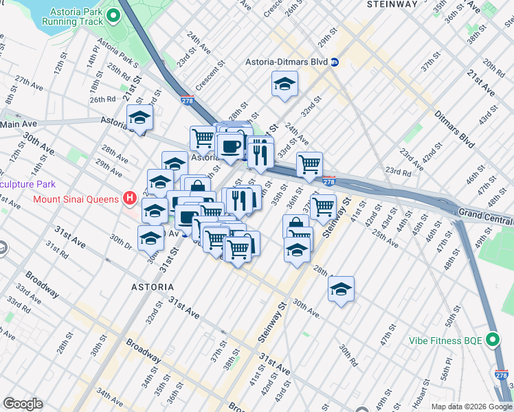 map of restaurants, bars, coffee shops, grocery stores, and more near 25-48 34th Street in Queens