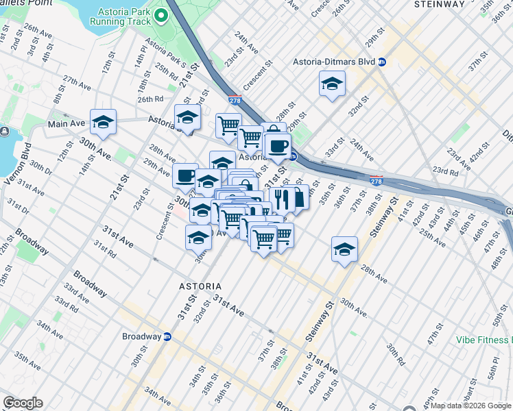 map of restaurants, bars, coffee shops, grocery stores, and more near 30-15 Newtown Avenue in Queens