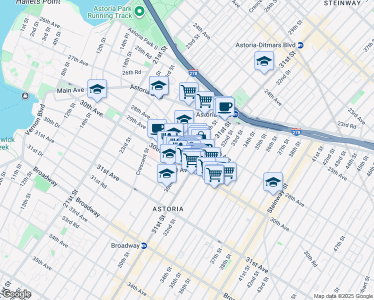 map of restaurants, bars, coffee shops, grocery stores, and more near 29-28 Newtown Avenue in Queens