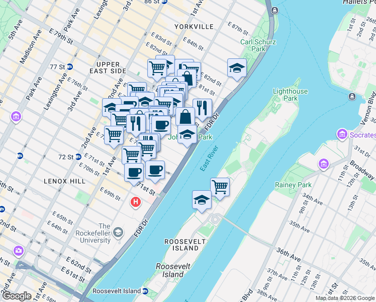 map of restaurants, bars, coffee shops, grocery stores, and more near 530 East 76th Street in New York