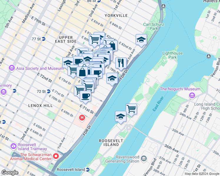 map of restaurants, bars, coffee shops, grocery stores, and more near 530 East 76th Street in New York