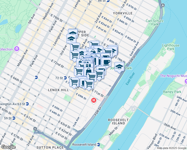 map of restaurants, bars, coffee shops, grocery stores, and more near 402 East 74th Street in New York