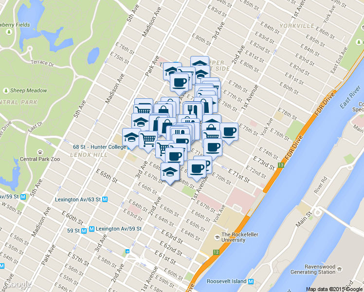 map of restaurants, bars, coffee shops, grocery stores, and more near 1349 2nd Avenue in New York