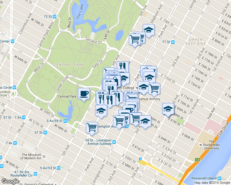 map of restaurants, bars, coffee shops, grocery stores, and more near 786 Madison Avenue in New York