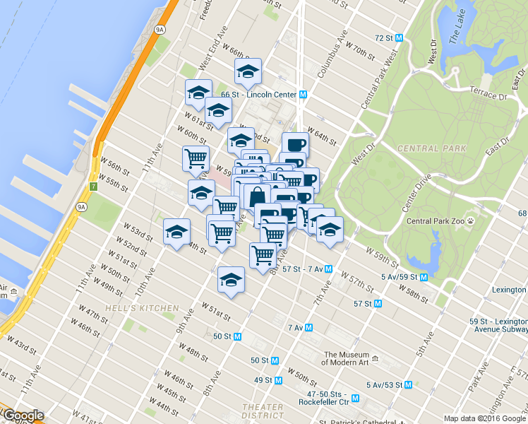 map of restaurants, bars, coffee shops, grocery stores, and more near in New York