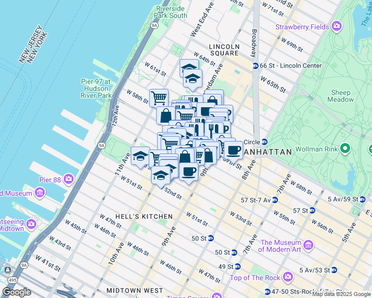 map of restaurants, bars, coffee shops, grocery stores, and more near 469w West 57th Street in New York