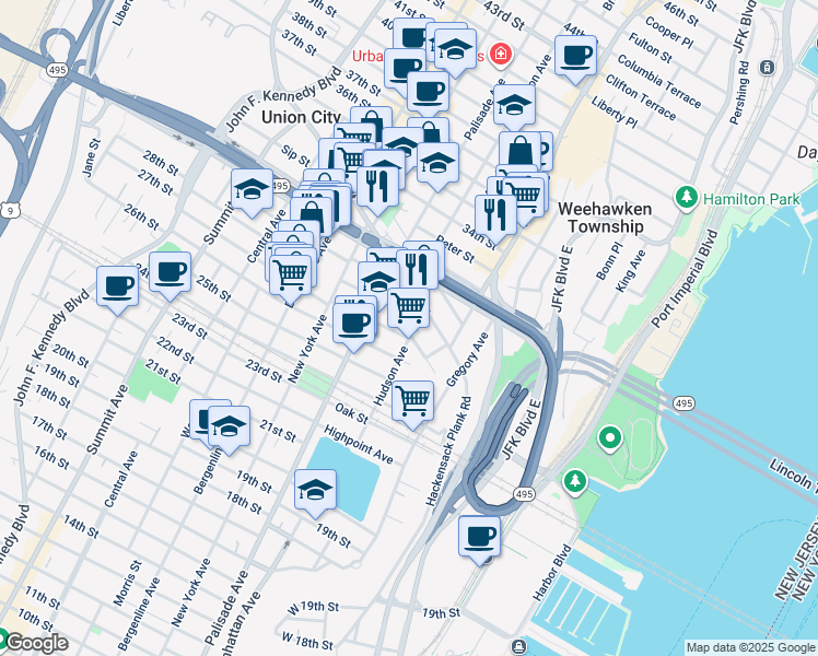 map of restaurants, bars, coffee shops, grocery stores, and more near 562 Hudson Avenue in Weehawken