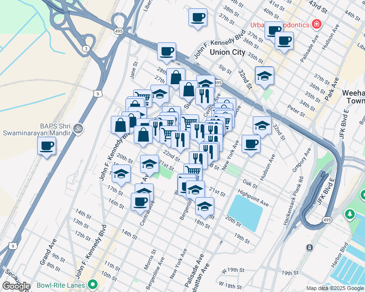 map of restaurants, bars, coffee shops, grocery stores, and more near in Union City