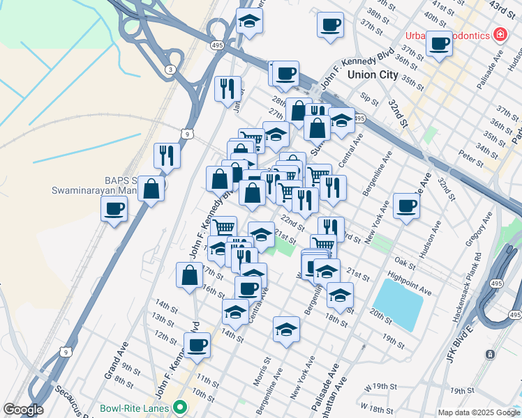 map of restaurants, bars, coffee shops, grocery stores, and more near 825 22nd Street in Union City