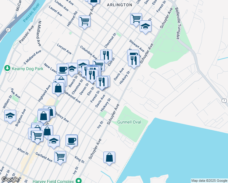 map of restaurants, bars, coffee shops, grocery stores, and more near 445 Hickory Street in Kearny