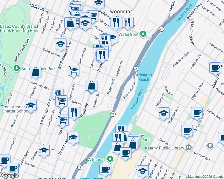 map of restaurants, bars, coffee shops, grocery stores, and more near 85 Oraton Street in Newark