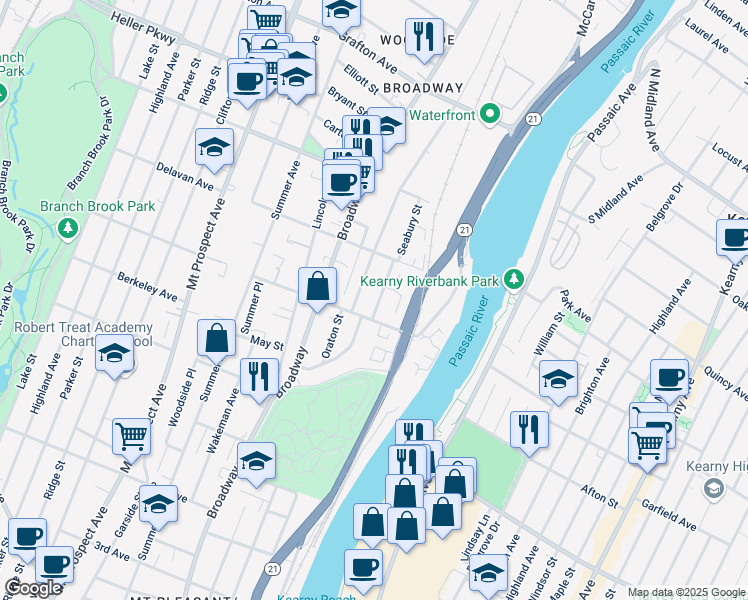 map of restaurants, bars, coffee shops, grocery stores, and more near 85 Oraton Street in Newark