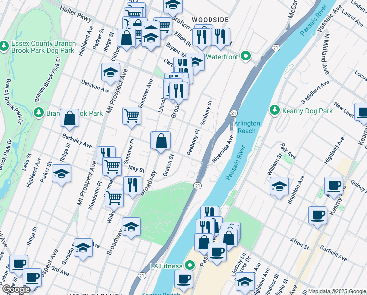 map of restaurants, bars, coffee shops, grocery stores, and more near 85 Oraton Street in Newark