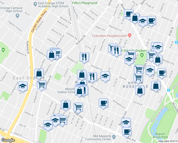 map of restaurants, bars, coffee shops, grocery stores, and more near 23 Hoffman Boulevard in East Orange
