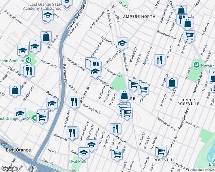 map of restaurants, bars, coffee shops, grocery stores, and more near 164 Springdale Avenue in East Orange