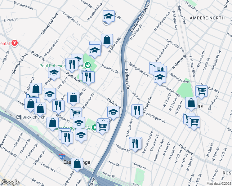 map of restaurants, bars, coffee shops, grocery stores, and more near 246 North Arlington Avenue in East Orange
