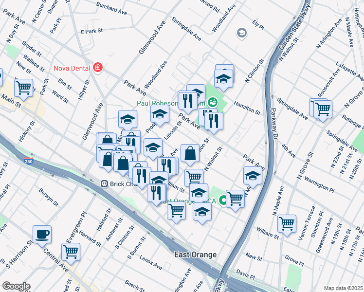 map of restaurants, bars, coffee shops, grocery stores, and more near 122 Summit Street in East Orange