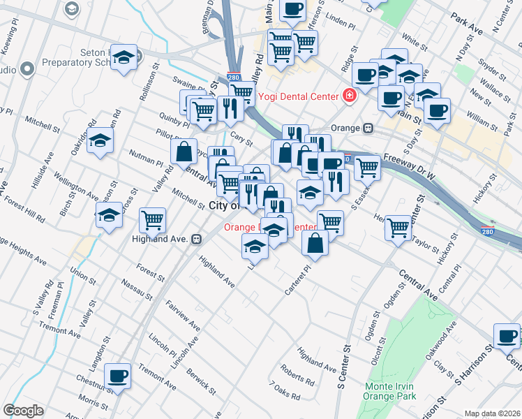 map of restaurants, bars, coffee shops, grocery stores, and more near 461 Central Avenue in City of Orange
