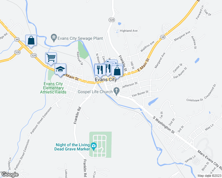 map of restaurants, bars, coffee shops, grocery stores, and more near in Evans City