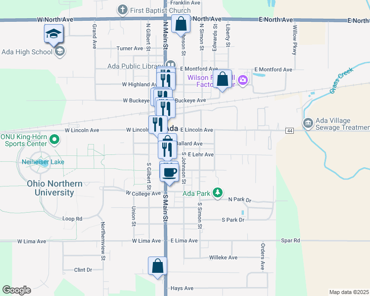 map of restaurants, bars, coffee shops, grocery stores, and more near 200-298 East Ballard Avenue in Ada